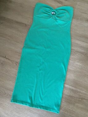 Fashion Nova Ribbed Strapless Midi Dress in Teal